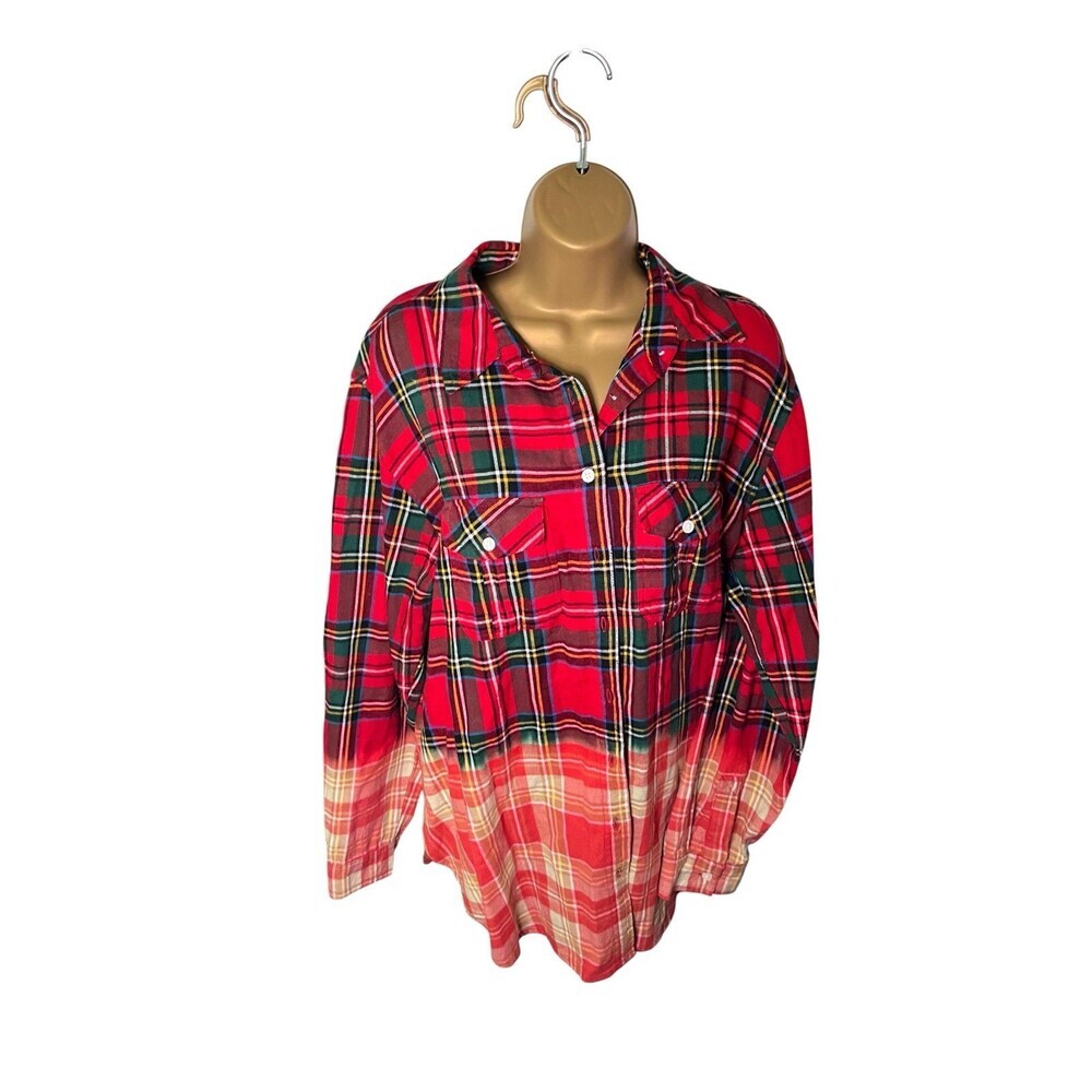 Panache Plaid Flannel Shirt Dip Dye Button Front Red XL